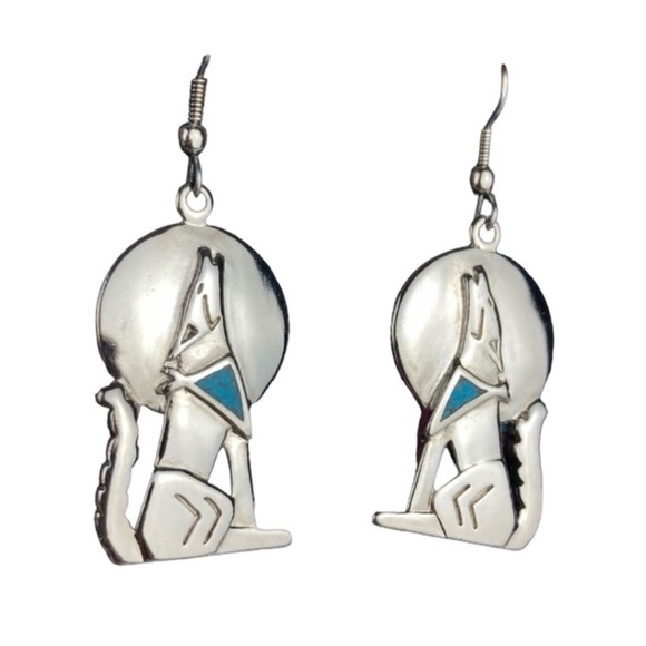 Vintage 1989 Silver Turquoise Howling Wolf Dangling Pierced Earrings - Picture 9 of 9